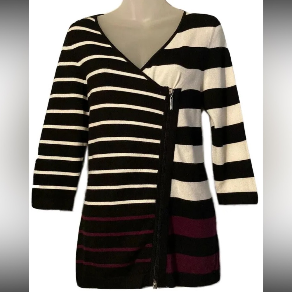 WHBM Womens Burgundy Black White Striped V-Neck Zip Cardigan Sweater
